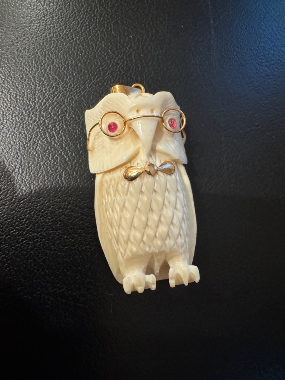 Vintage 14K gold ivory Owl glasses carved Pendant with Ruby eyes charm necklace